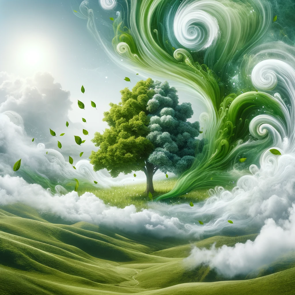 DALL·E 2024-01-29 13.36.26 - A surreal, growth-themed image featuring a blend of green and white. The scene includes a large, flourishing tree with bright green leaves, symbolizin
