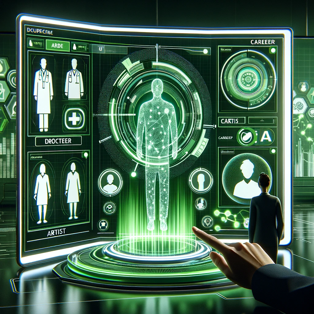 DALL·E 2024-01-29 13.42.04 - A modern, high-tech concept image depicting an AI-driven career matching system, with a green and white color theme. The scene shows a futuristic comp