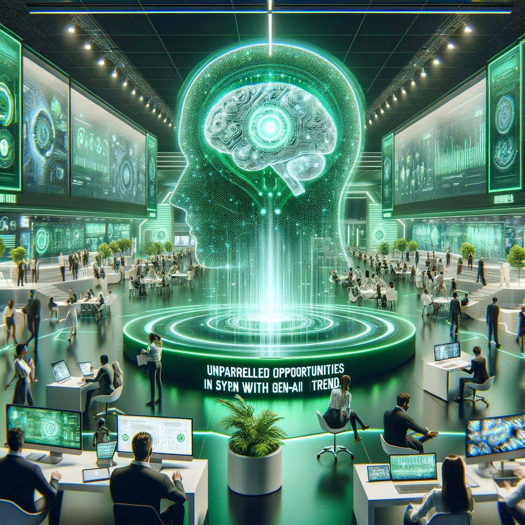 DALL·E 2024-01-29 13.55.30 - An image illustrating Unparalleled Opportunities in sync with Gen-AI trends, in a green and white color theme. The scene shows a futuristic, high-te