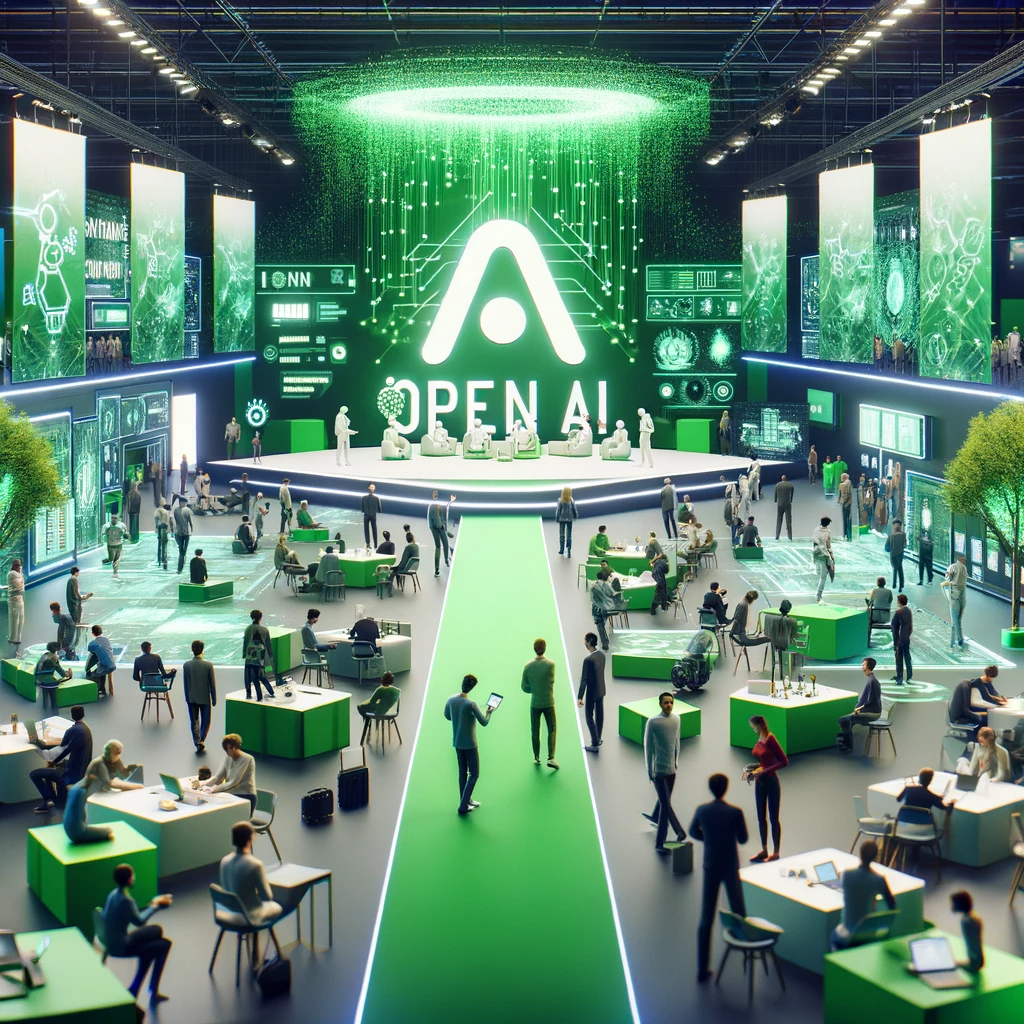 DALL·E 2024-01-29 14.10.36 - An image representing the theme Innovation at OpenAI DevDay, with a green and white color scheme. The scene depicts a vibrant, tech-focused event sp