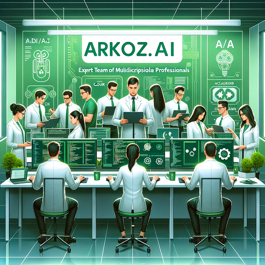 DALL·E 2024-01-29 14.22.32 - An image showcasing an Expert Team of Multidisciplinary Professionals at Arkoz.ai, with a green and white color theme. The scene includes a group of