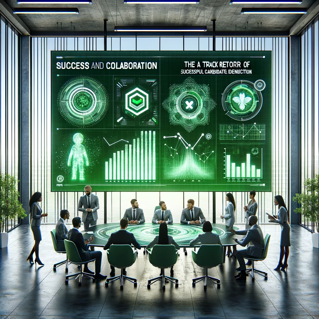 DALL·E 2024-01-29 14.43.12 - An image visualizing Success and Collaboration, themed in green and white, inspired by a track record of successful candidate identification. The sc